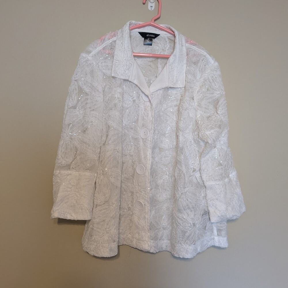 Ali Miles Fairycore Grandma Chic Sheer White Lace Sequin Swing Jacket / Blouse